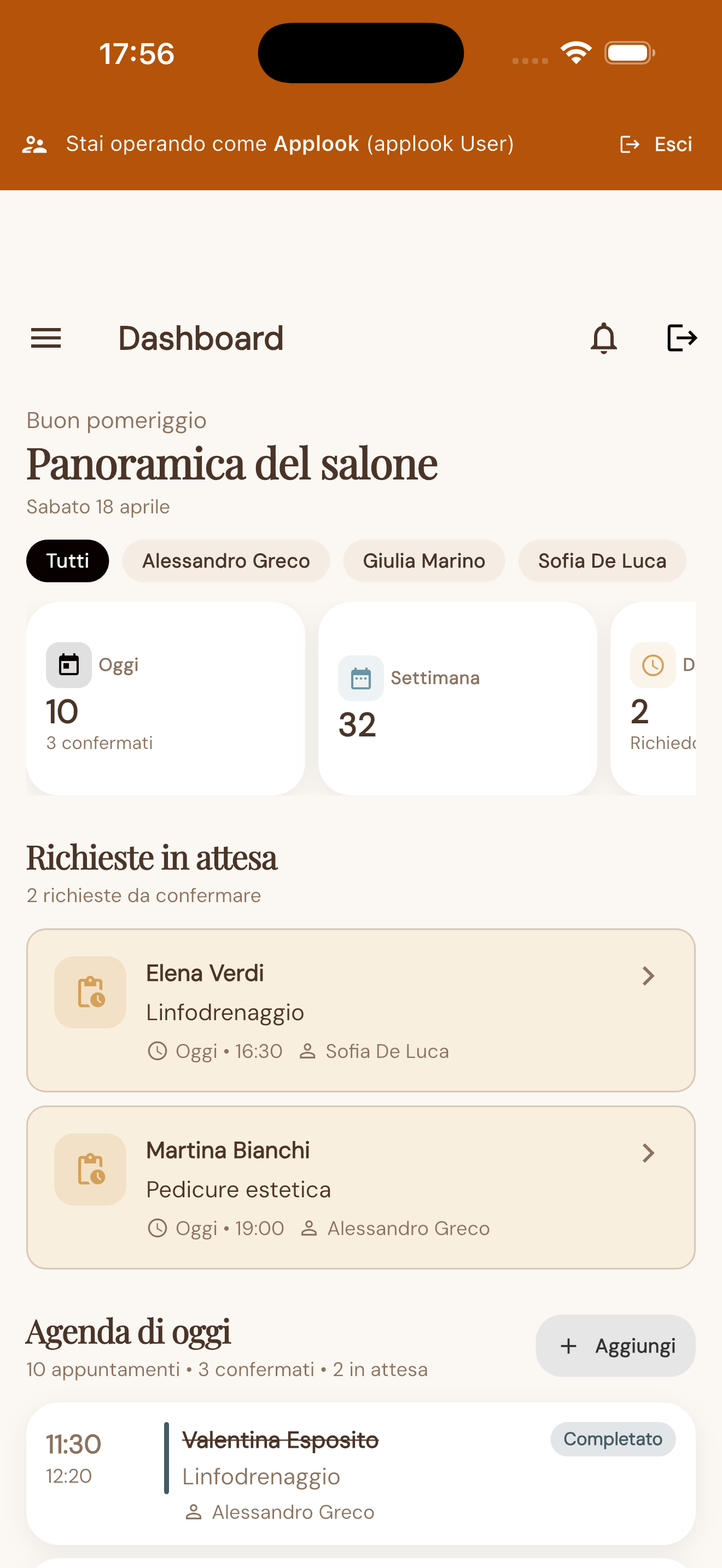 Dashboard app Applook con prossimi appuntamenti