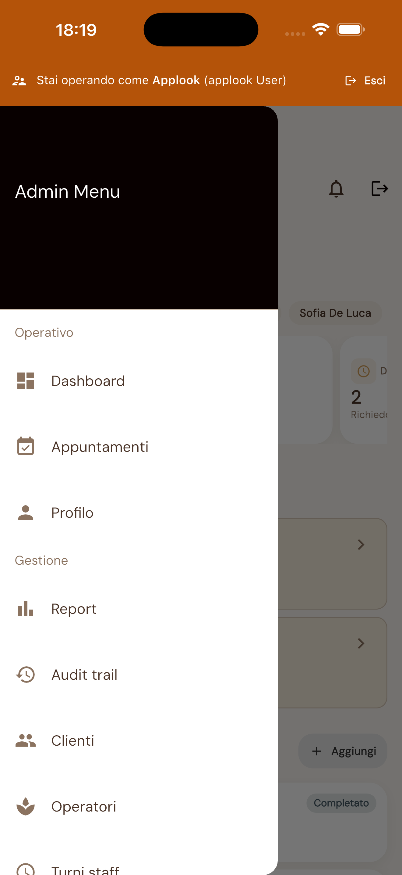 Menu servizi e sezioni dell'app Applook